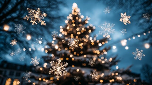 Ground perspective of illuminated holiday tree