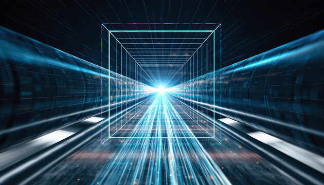 Tunnel of Digital Pathways: A mesmerizing journey through an illuminated tunnel of digital pathways, symbolizing the convergence of technology, data, and connectivity.