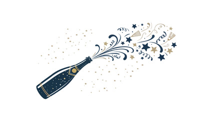 A champagne bottle silhouette with popping confetti in clean minimal vector style. © Rkniazi