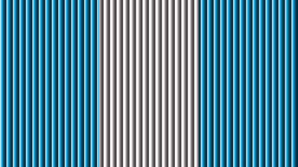 A striking vertical pattern of closely spaced blue and white stripes dominates the composition