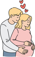 Affectionate cartoon couple with hearts, blonde hair characters embracing pregnant partner, emotional moment of love and support, vector illustration style