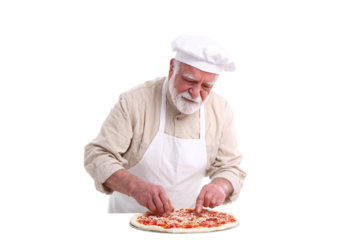 Elderly person enjoying homemade pizza preparation isolated on transparent background