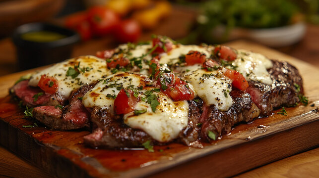 Grilled steak topped with melted cheese and diced tomatoes on wooden board - Powered by Adobe