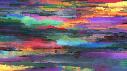 Vibrant abstract digital art showcasing horizontal glitch effects and pixelated color bands, creating a dynamic, modern aesthetic with a corrupted data feel.