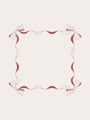 Square frame with soft ribbon lines and four bows in the corners. Clean minimal style for cards, invites, packaging, and decoration. Red line art on a light background.