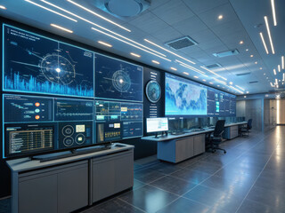 Futuristic control room data visualization command center cybersecurity network monitoring big data AI dashboard blue neon modern interior technology hub glow enhances focus and urgency