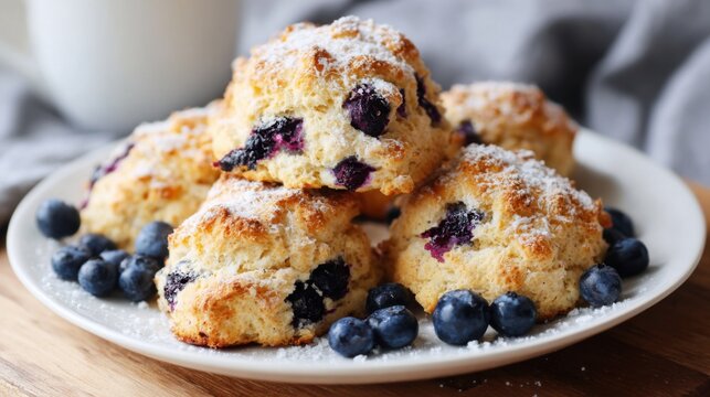 Warm blueberry scones are arranged on a white plate, garnished with powdered sugar and accompanied by fresh blueberries. Soft lighting enhances the inviting atmosphere of the kitchen.