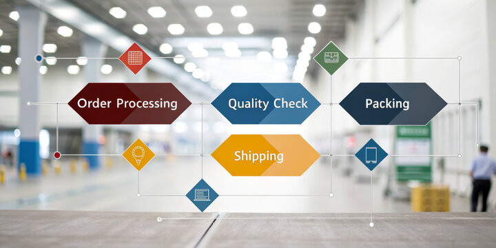 Order processing quality check packing shipping workflow automation supply chain logistics factory warehouse. Flat infographic showing workflow steps modern warehouse, bright bokeh lights