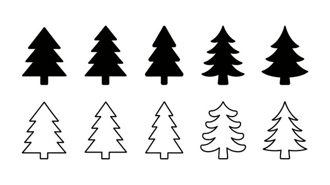 Stylized christmas tree icons and silhouettes set for winter holidays and festive season designs, pine and fir evergreen conifer symbols collection
