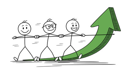 Three stick figures collaborate pulling a large green upward arrow, illustrating business growth, collective team effort, success, progress, and financial gain.