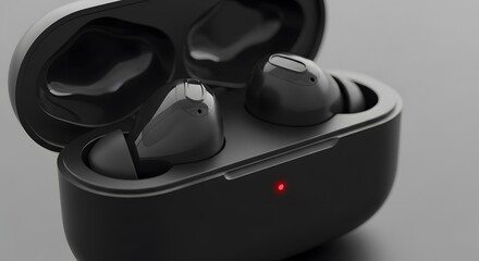 Modern black wireless earbuds with charging case and red indicator light