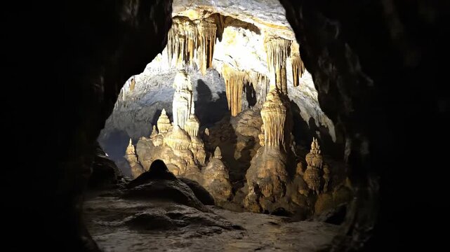 A light-filled limestone cavern reveals a hidden waterfall cascading over ancient rock formations in this underground nature landscape where stalactites and stalagmites create a majestic grotto
