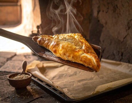 Paddle de madera eleva un triángulo horneado del muro del tandyr con vapor que se eleva