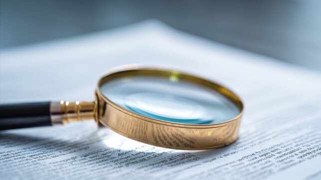 A magnifying glass with a golden rim is placed on top of printed text, showcasing its ability to enhance clarity and readability while studying intricate information in detail.