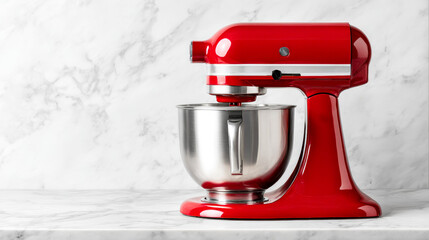 Red stand mixer stands ready on a white marble kitchen countertop
