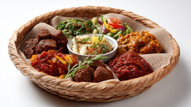 Ethiopian traditional food platter presented in a woven basket
