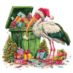 Stork with Santa hat beside a green trash bin overflowing with holiday gifts and decorations during winter season
