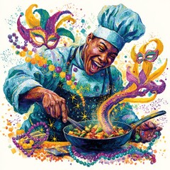 Chef cooking vibrant dish in festive kitchen during Mardi Gras celebration with colorful masks and beads