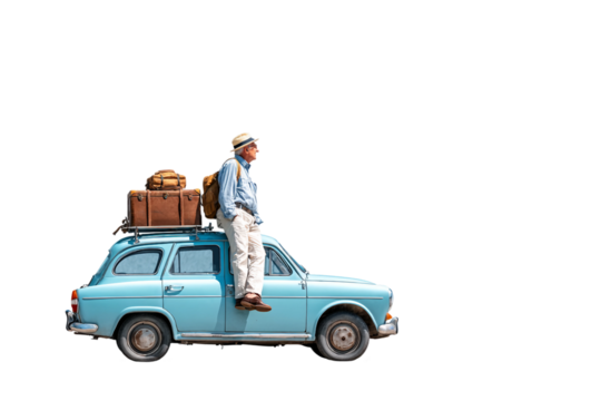 Close-up of senior behind the wheel during road trip isolated on transparent background - Powered by Adobe