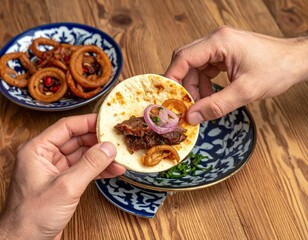 Manos preparan un bocado de tandir con carne y cebolla en una mesa rústica, acompañados de anillos de cebolla