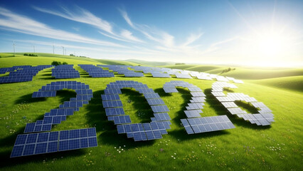 Visionary 2026 clean energy future with solar panels on rolling hills under a sunny sky promising a brighter sustainable tomorrow