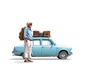 Elderly traveler smiling while on a road trip isolated on transparent background