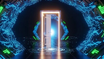 Futuristic portal with glowing figure emerging into a digital world