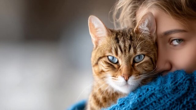 A Tender Embrace: Capturing a heartwarming scene of pure affection, a young person cuddles their beloved cat. The gentle close-up reveals the bond between them. 