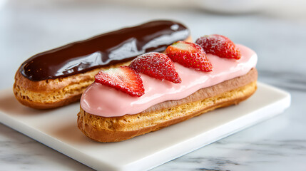 Strawberry and chocolate eclairs with glossy topping on white board