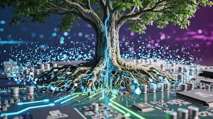 Dynamic tree growing from circuit board for modern technology and nature integration - Powered by Adobe