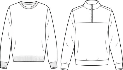 Crew neck and half zip sweatshirt technical design, casual mens apparel vector template, fashion garment front view illustration drawing © Hey There