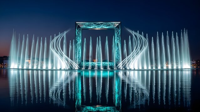 Vibrant blue illuminated fountain show with geometric structure at night
