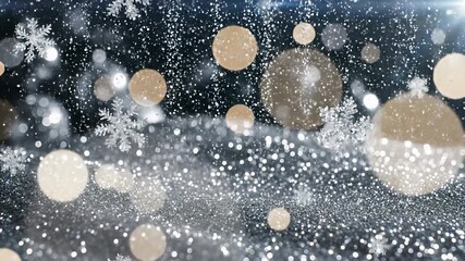 Snowflakes with intricate white and gold patterns fall gently onto a black surface, illuminated by soft, white and gold lights, capturing the essence of luxury and glamour.