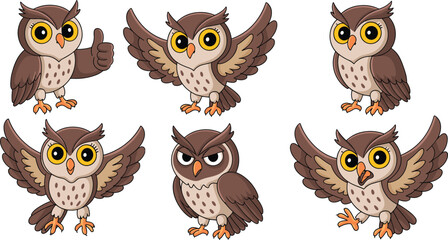 Cute, cartoon, owl, character, set, vector, illustration, different, poses, emotions, wings, spread, smiling, angry, waving, design, for, children, animation, stickers