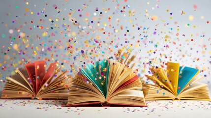 Three open books display vibrant pages, surrounded by a shower of colorful confetti. The cheerful scene suggests celebration and creativity, set against a light background.