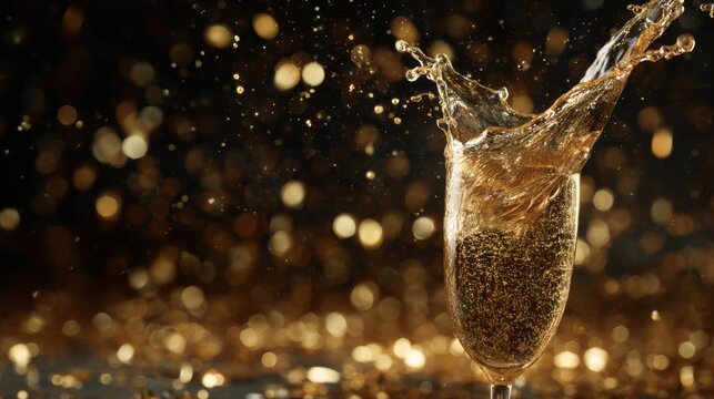 A glass filled with sparkling drink overflows as golden bubbles burst forth, creating a festive atmosphere filled with shimmering lights and celebration vibes.