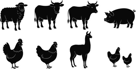 Obraz premium Farm Animal Silhouette Collection, Cow Sheep Pig Chicken Llama Icons, Black Livestock Vector Set, Rural Agriculture Design Elements Illustration Pack