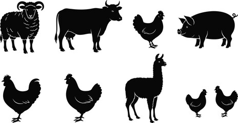 Obraz premium Farm Animal Silhouette Set, Cow Sheep Pig Chicken Llama Icons, Rural Livestock Collection, Black Vector Illustrations for Agriculture Design Projects