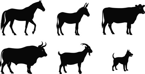 Farm animal silhouettes set, horse, donkey, cow, bull, goat, dog figures, black vector illustration isolated on white background