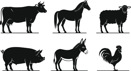 Farm animal silhouettes, cow, horse, sheep, pig, donkey, rooster, black vector illustration, rural livestock set isolated on white background design