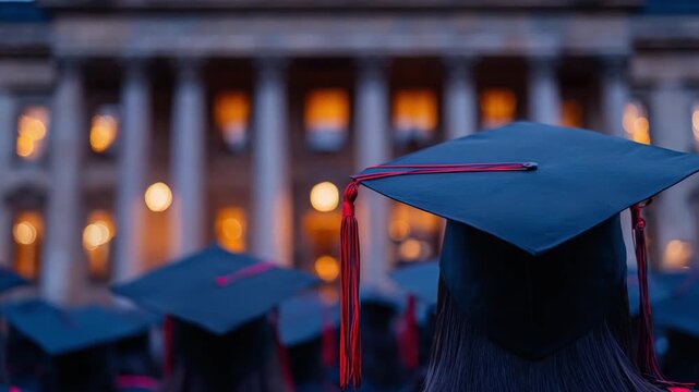 Graduation Ceremony: Students in graduation caps and gowns celebrate a momentous achievement, with a blurred backdrop of an academic building, highlighting the culmination of years of study.