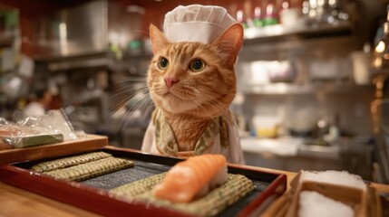 A cat in a chef's hat and apron stands at a sushi counter, skillfully preparing a slice of fresh sushi in a lively kitchen environment, showcasing its culinary talent.
