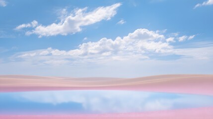 Serene pink desert landscape tranquil fantasy scene vibrant blue sky water reflection peaceful modern art concept
