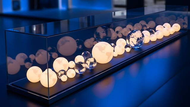 Global connections and bright future represented by illuminated earth spheres in display