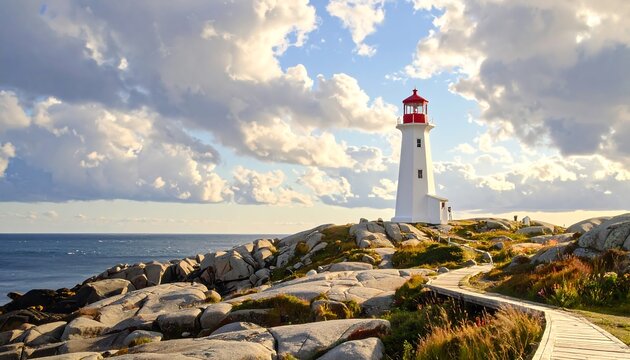 A classic coastal scene featuring a tall white lighthouse with a red cap, overlooking the ocean under a cloudy sky