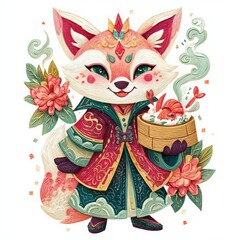 Colorful fox character in traditional attire holding a food basket surrounded by flowers and steam