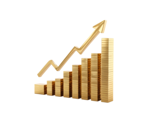 Golden Bar Chart Arrow Up isolated on a transparent background