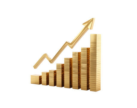 Golden Bar Chart Arrow Up isolated on a transparent background
