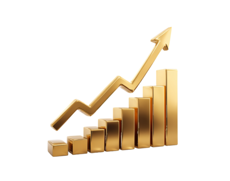Golden Bar Chart With Upward Arrow isolated on a transparent background