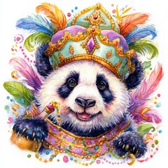 Colorful panda in royal attire with feathers and beads during festive celebration